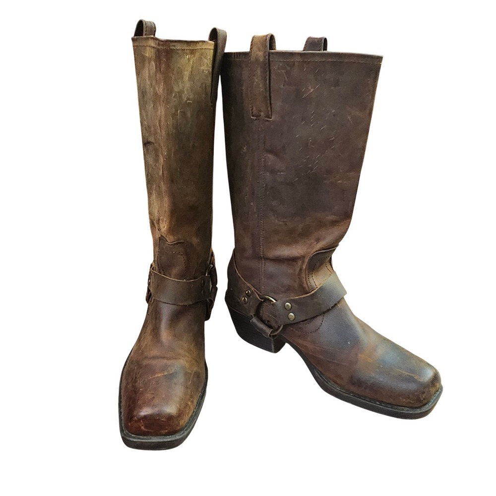 Mossimo Supply Co L 9.5 Brown Leather Harness Biker Boots Square Toe Distressed - Picture 2 of 12